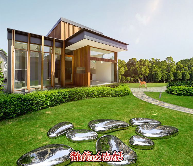 高端室內(nèi)草坪裝飾，不銹鋼雕塑鏡面石頭安放