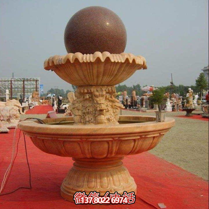 經典中式風水球，黃銹巖浮雕噴泉水