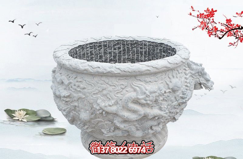 漢白玉石雕龍浮雕水缸雕塑，為庭院增添優(yōu)雅氣息