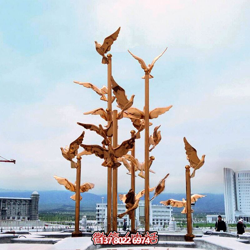 不銹鋼噴金烤漆鏡面創(chuàng)意飛翔鴿子雕塑 不銹鋼噴金烤漆鏡面創(chuàng)意飛翔鴿子雕塑