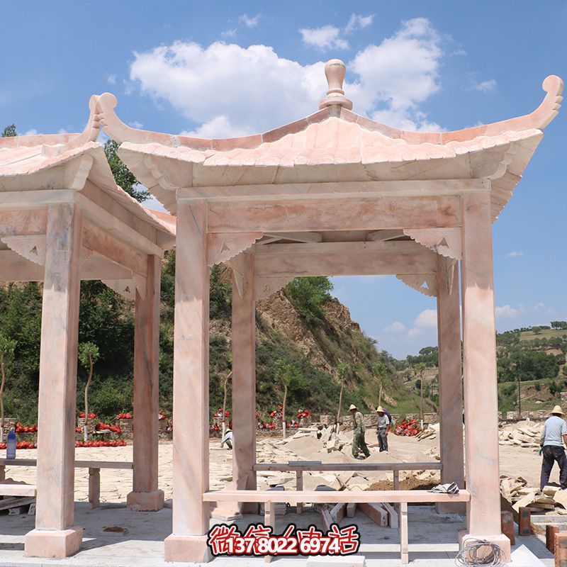 山區(qū)景觀擺放晚霞紅大理石四角休息涼亭 山區(qū)景觀擺放晚霞紅大理石四角休息涼亭