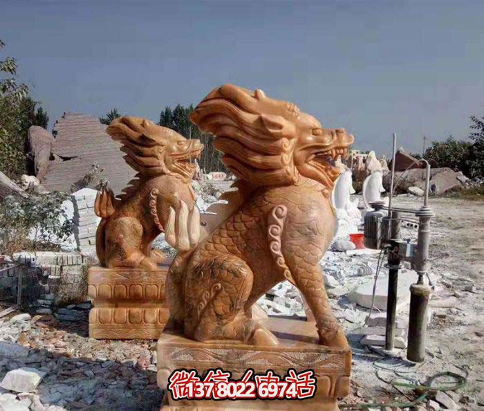 晚霞紅石雕庭院別墅鎮宅神獸麒麟雕塑 晚霞紅石雕庭院別墅鎮宅神獸麒麟雕塑