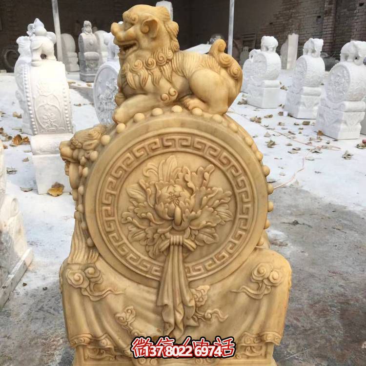 天然石材黃銹巖雕刻小獅子招財(cái)鎮(zhèn)宅抱鼓石門墩